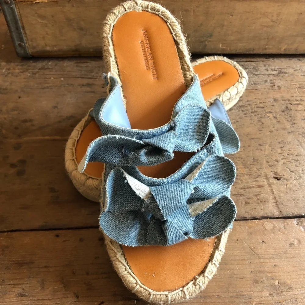 American Eagle denim triple knot flat form sandals
